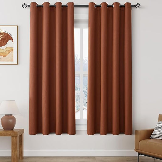 100% Blackout Linen Curtains for Bedroom Thermal Insulated Grommet Complete Blackout Drapes 63 Inch Length 2 Panels Set Heat and Full Light Blocking Living Room Darkening Curtains Terracotta