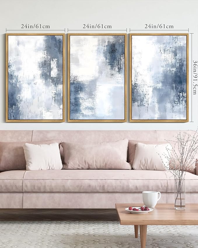 KUVIOKE Navy Blue and Gray Abstract Framed Canvas Wall Art Brush Strokes Block Shape Pastel Wall Decor Modern Minimalist Art Painting Home Decor 24x36in (Natural Framed)