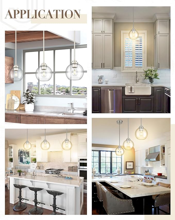 Globe Pendant Light Fixture, Modern Brushed Nickel Hanging Light with Clear Glass for Kitchen Island Dining Room Bedroom Hallway Foyer (1 Pack), PL101BN
