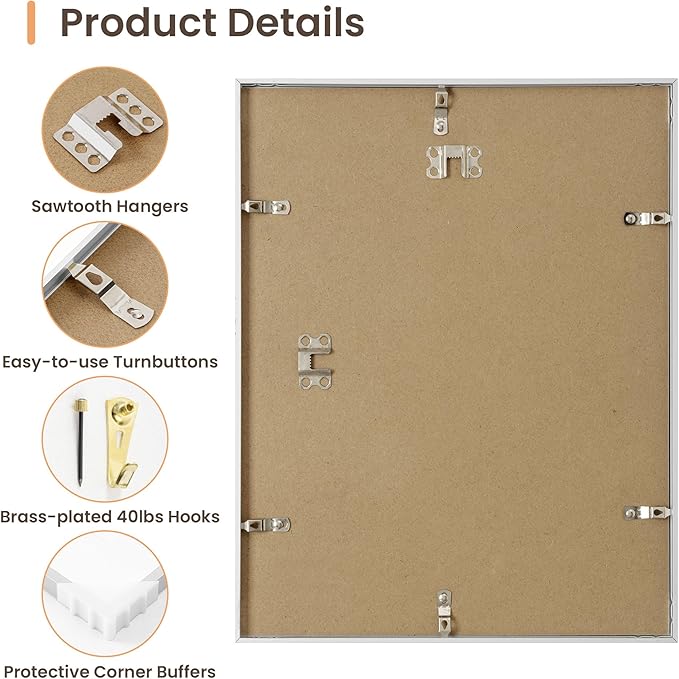 11x14 Aluminum Picture Frame Silver, 11 x 14 Metal Photo Frames with Removable Mat for 8 x 10 Photo, Metal Poster Frame Sawtooth Hanger for Easy Wall Display, Set of 1