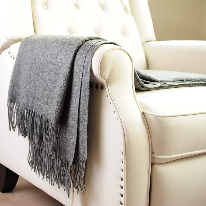 CUDDLE DREAMS Premium Cashmere Throw Blanket with Fringe, Luxuriously Soft (Gray)