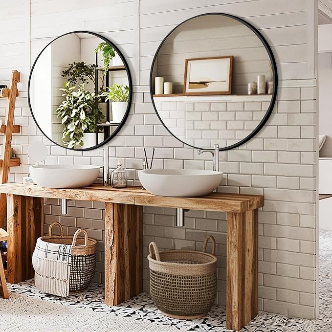 30 Inch Black Round Wall Mirror, Circle Bathroom Mirror with Brushed Metal Frame, Anti-Rust Tempered Glass Vanity Mirror for Bedroom, Entryway, Living Room Farmhouse Decor