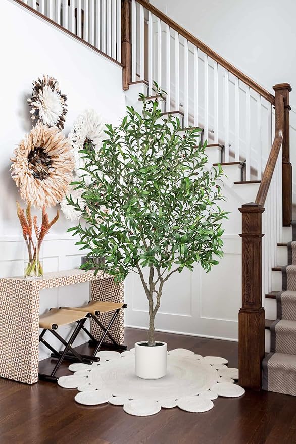 Hollyone Faux Olive Tree 7Feet Tall Fake Olive Tree 7FT with Pot Indoor Lifelike Wood Trunk and Fruits Large Potted Artificial Tree Plant with Tall Ceramics Pot Planter Housewarming Home Decor Gift