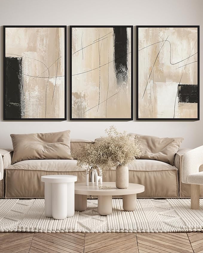 KUVIOKE Abstract Framed Wall Art Minimalist Beige Pastel Watercolor Neutral Wall Decor Modern Black Line Art Painting Home Decor 24x36in (Black Framed)
