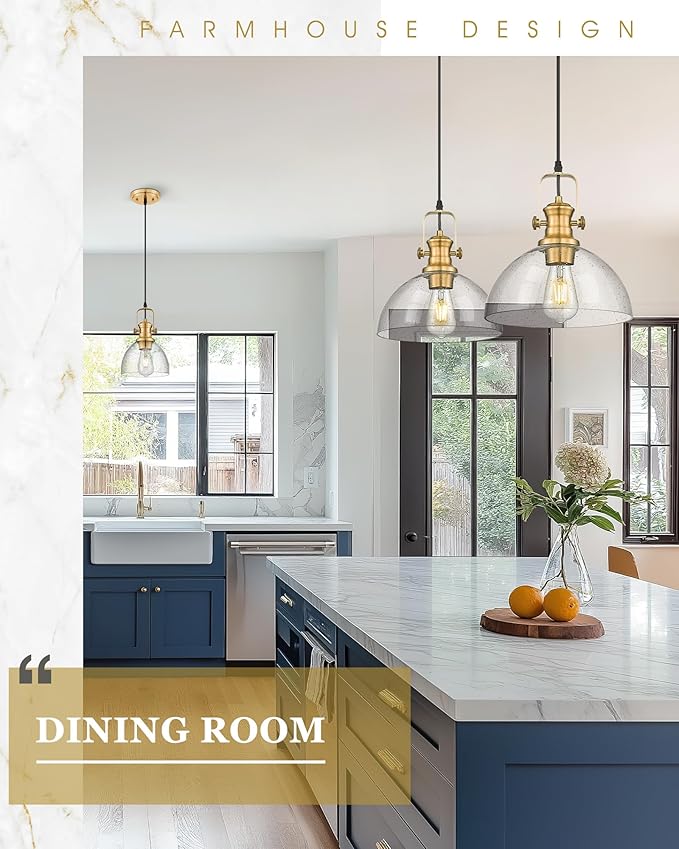 Pendant Lights Kitchen Island, 10.5" Farmhouse Pendant Lighting with Clear Seeded Glass Shade, Vintage Hanging Light Fixtures for Dining Room, Brushed Gold, AD-22151-1PL-GD