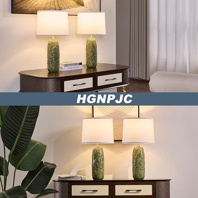 25" Modern Green Ceramic Table Lamp with White Linen Shade – Leaf Embossed Base, Soft Glow Bedside Lamp for Bedroom, Living Room, Office Decor