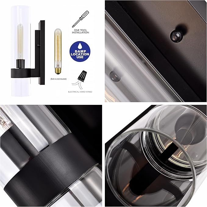 Indoor Wall Sconces Set of Two, Modern Black Bathroom Sconces Wall Decor with Cylinder Glass, Wall Lamps for Bedroom Hallway Vanity Kitchen Lighting Fixtures Set of 2