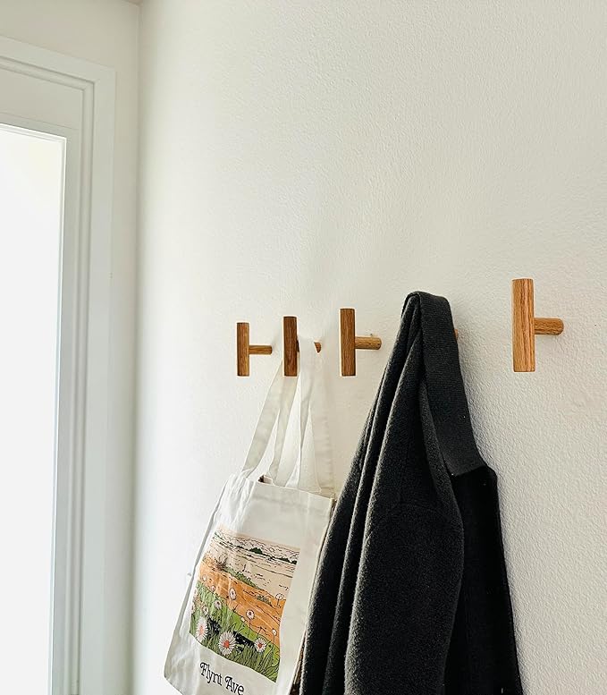 Wooden Coat Hooks, Decorative Wall Hooks for Bags, Hats, Coats, Purse, Heavy Duty, Sturdy, Natural Oak, Easy to Install, Holds Up to 7lbs - Pack of 5