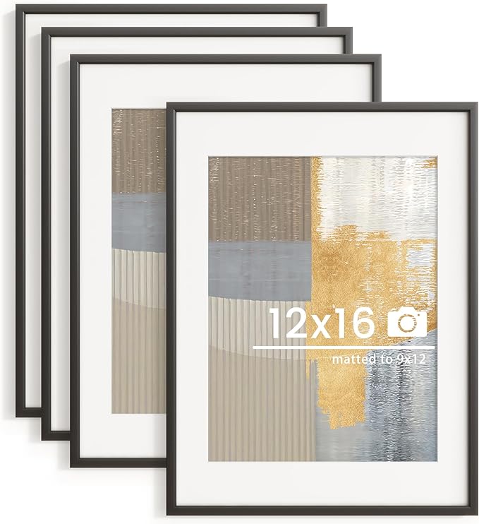 12x16 inch Metal Picture Frame - 12 x 16 Thin Aluminum Photo Frames with 9x12 Removable Mat - High Definition Plexiglass - Vertical and Horizontal Display - Wall Hook Hanging Hardware Included - Black, Set of 4