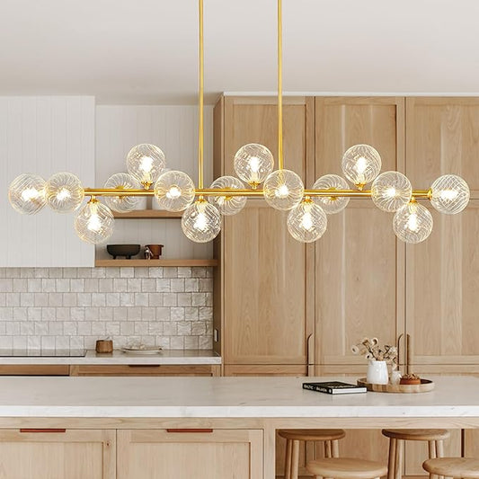 Modern Chandeliers for Dining Room Clear Glass 55" Large Dining Room Light Fixture, Gold Linear Sputnik Chandeliers Farmhouse Chandelier Kitchen Island, Electroplated Brass and Swirled Globe Shade