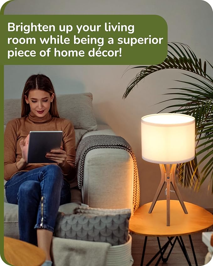 EDISHINE Modern Tripod Table Lamp, 17.5" Bedside Lamp with Natural Wood Light Legs & White Linen Lampshade, Nightstand Lamp for Bedroom, Living Room, Reading Room, E26 Base