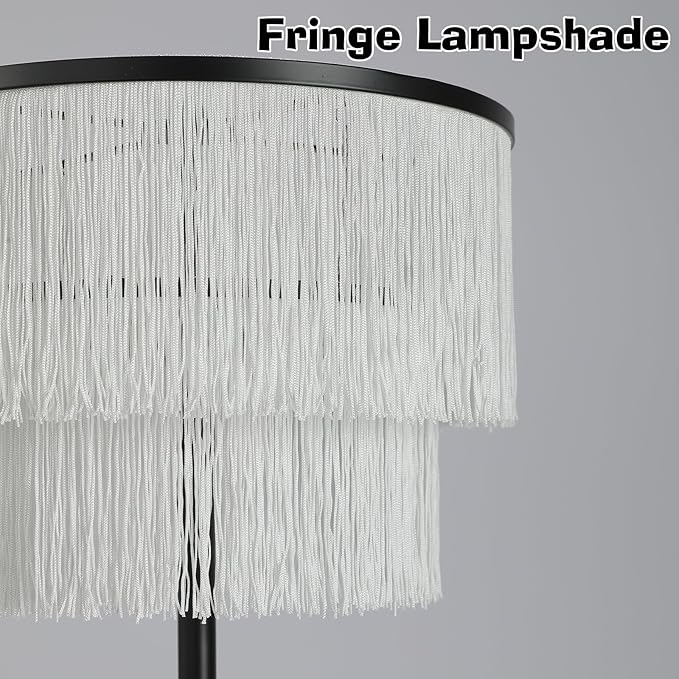 2 Light Black Boho Floor Lamp with 2-Tier Tassels/Fringe Lampshade,66" Tall Mid Century Standing Bedroom Lamp,Soft Lighting Nursery Floor Lamp for Bedroom Livingroom