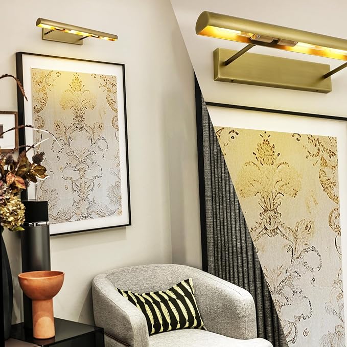 Brass Picture Lights for Wall, 24" Linear Picture Light Hardwired, 3-Light Brush Gold Art Light, Warm White 2700k Dimmable Picture Lamp, 270° Picture Frame Light for Bathroom, Living Room, Hallway