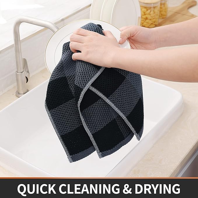 Homaxy 100% Cotton Waffle Weave Check Plaid Kitchen Towels, 13 x 28 Inches, Super Soft and Absorbent Dish Towels for Drying Dishes, 4-Pack, Black & Grey