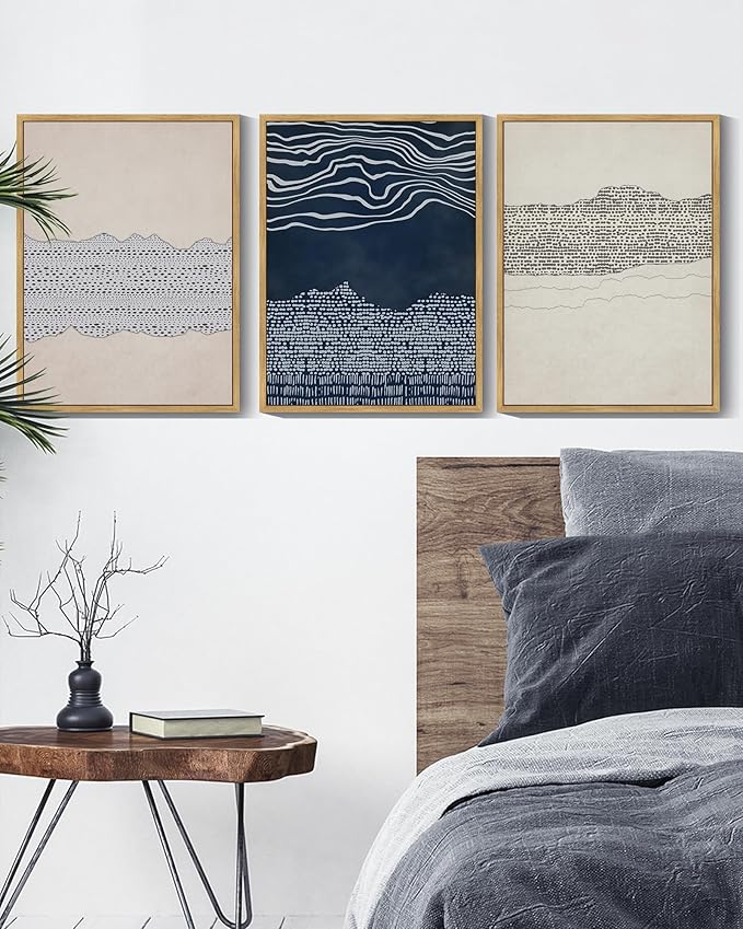 KUVIOKE Navy Blue Abstract Framed Wall Art Modern Neutral Minimalist Wooden Pastel Boho Wall Decor Farmhouse Rustic Art Painting Home Decor 11x14in (Natural Framed)