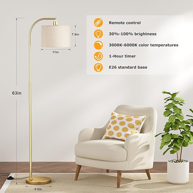 Arc Floor Lamp with Remote and Stepless Dimmable Bulb, Colors Temperature & Brightness Adjustable, Gold Floor Lamps for Living Room（Deep Beige Shade & Gold Pole）
