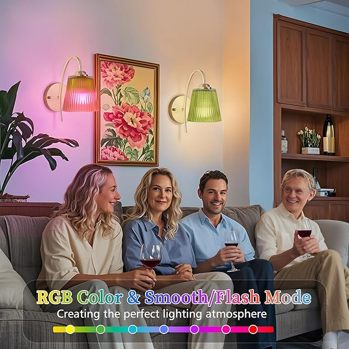 Vintage Battery Operated Wall Sconce with Flower lampshade,Rechargeable Battery Powered Wall Lights,Wall lamp With 15 Colors for Bedroom Living Room Home Decor (Green Stripe, 2 Light Battery Operated)