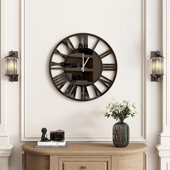 SHYFOY 24" Large Black Mirror Wall Clock - Modern Roman Numeral Decorative Wall Clock for Living Room, Bedroom, Office - Silent Non-Ticking, Easy to Hang