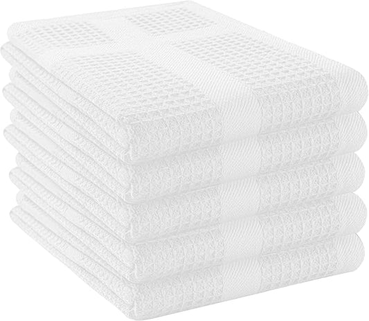 5 Pack Waffle Weave Kitchen Towels, 16x26 Inches, 100% Cotton Dishcloth Set, Super Absorbent, Quick Dry, Soft Hand Towels for Drying Dishes, Cleaning, Durable, White