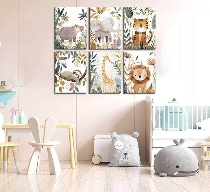 6Pcs Boho Baby Animals Wall Art Jungle Safari Canvas Paintings Cute Giraffe Elephant Lion Wall Decor Prints Inspirational Forest Animals Posters Pictures for Nursery kids Boys Bedroom Framed