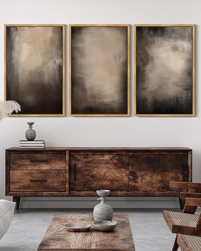 KUVIOKE Abstract Framed Wall Art Set Earthy in Deep Brown and Beige Tones Modern Art Decorative Home Decor 16x24in (Natural Framed)