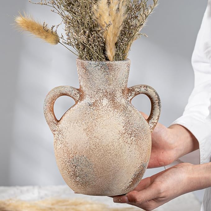 Rustic Ceramic Farmhouse Flower Vase with 2 Handles, Whitewashed Terra Cotta Vase, Decorative Pottery Flower for Home Decor, Table, Living Room, Shelf Decor, 7.3 Inch, Terra