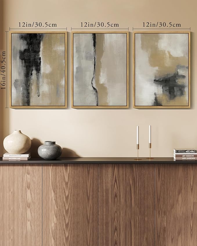 KUVIOKE Black Abstract Framed Wall Art Neutral Graffiti Pastel Minimalist Wall Decor Modern Art Painting for Bedroom Living Room 12x16in (Natural Framed)