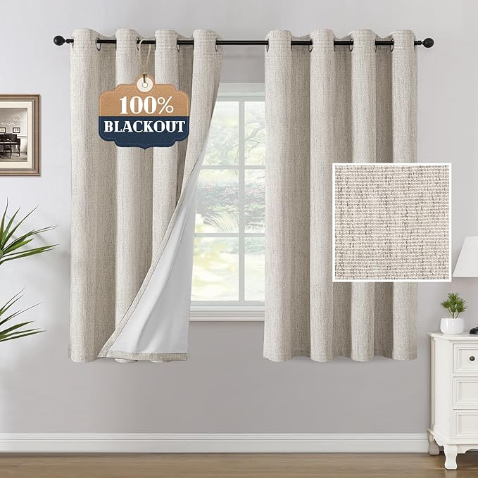 H.VERSAILTEX Chenille Linen Blackout Curtains for Bedroom 63 Inches Long Thermal Insulated Textured Linen Look Curtains with White Flocking Coating Back, Heathered Natural(Not Solid)