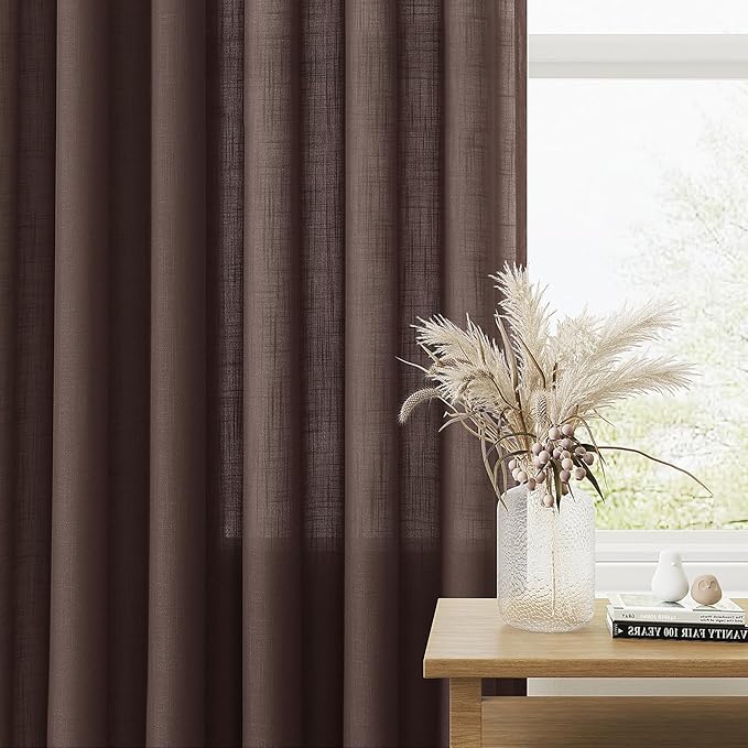 Guken Coffee Linen Curtains 96 Inch Length for Living Room Bedroom 2 Panels Set Rod Pocket Light Filtering Semi Sheer Window Curtains 52 Inch Width Boho Farmhouse Linen Drapes, W52xL96