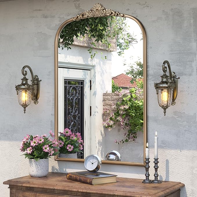 30" x 40" Antique Gold Arched Mirror for Wall, Vintage Brass Bathroom Mirror with Metal Frame, Bronze Ornate Gold Vanity Mirror for Entryway, Mantel, Powder Room