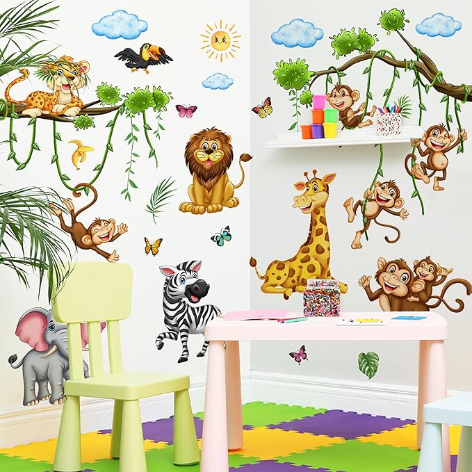 Cute Jungle Theme Wall Stickers Removable Animal Forest Wall Decals Elephant Monkey Lion Giraffe Zebra Peel and Stick Tropical Wall Art Decor for Nursery Bedroom Classroom (Colourful)