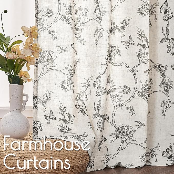 Lazzzy Black Floral Linen Farmhouse Curtains 96 Inches Long Back Tab Drapes for Living Room Bedroom Light Filtering Country Vintage Rod Pocket Curtains,2 Panels, Black on Beige