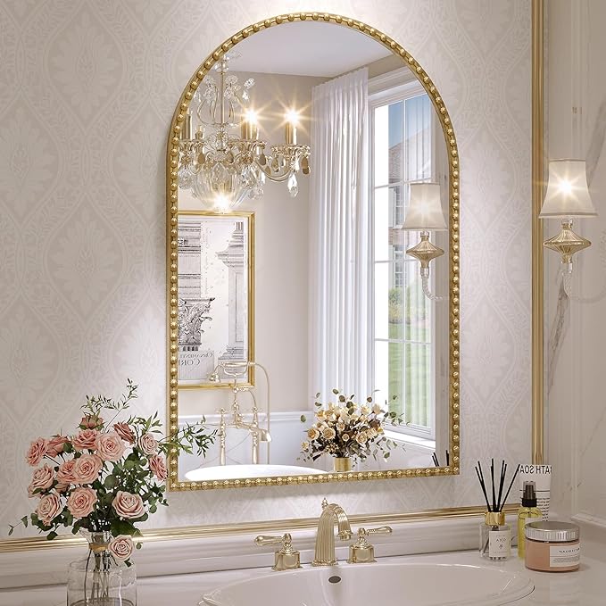 Arched Mirror for Wall, 24"x36" Gold Arch Bathroom Vanity Mirror, Metal Floral Frame Decorative Arch Wall Mirror, Antique Gold Arched Mirror for Washroom, Bedroom, Entryway, Living Room
