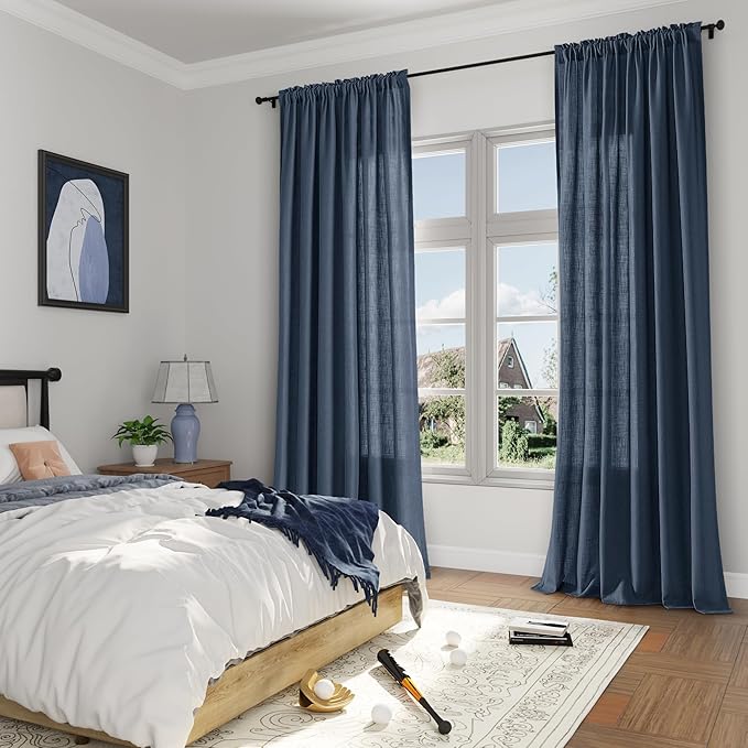 Guken Vintage Blue Linen Curtains 108 Inches Long 2 Panel Set Rod Pocket Semi Sheer Dining Room Cozy Bedroom Decor Cotton Look Country Rustic Farmhouse Boho Curtains 52x108