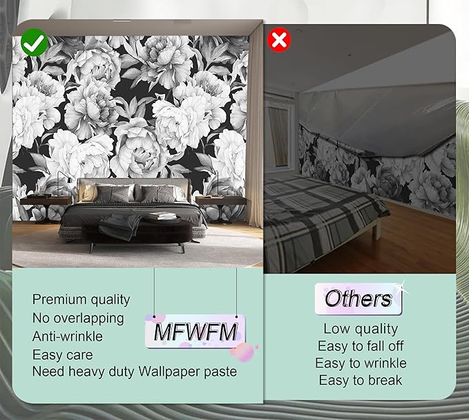 Black and White Peonies Wallpaper Watercolor Floral Mural Wallpaper for Bedroom Living Room (Not Peel n' Stick)