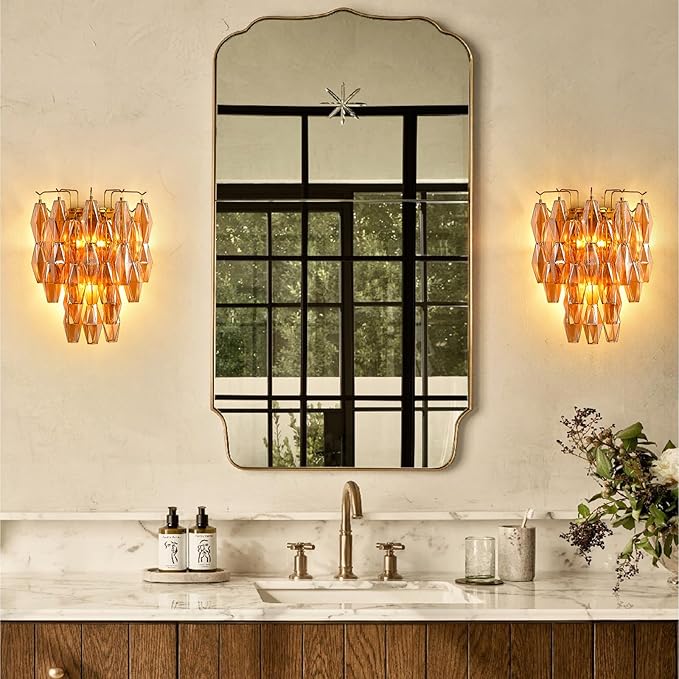 Brass Wall Sconce, Modern Gold Sconce Wall Lighting, Amber Glass Sconces for Bathroom, Luxury Wall Lights for Living Room, Wall Lamp for Bedroom, Vanity Light for Hallway, Staircase