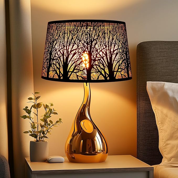 Metal Lampshade, Large Lamp Shade for Table Floor Lamps, (12×8)'' Top×(14×10.5)'' Bottom×8.5" Height Oval Shade, Etched Forest Gothic Style Replacement Lamp Shade(Spider), Black Gold