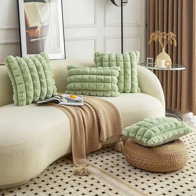 Neelvin Green Faux Fur Cozy Soft Plaid Decorative Throw Pillow Covers 24x24 inch Set of 2,Velvet Pillowcase Cushion Case for Sofa Couch