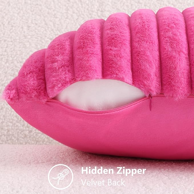 decorUhome Faux Fur Throw Pillow Covers 26x26 Set of 2, Decorative Soft Plush Striped Neutral Couch Euro Pillow Covers with Velvet Back for Sofa, Bed, Living Room Home Decor, Hot Pink