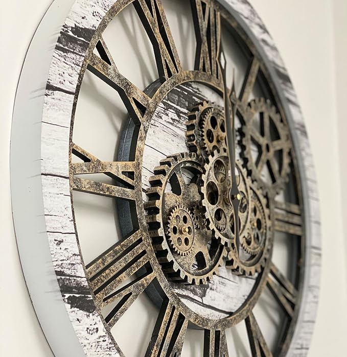 ImprovingLife The Gears Clock The Original Real Moving Gear Wall Clock Vintage Industrial Oversized Rustic Farmhouse (24 inch (60cm), Vintage Grey and White)