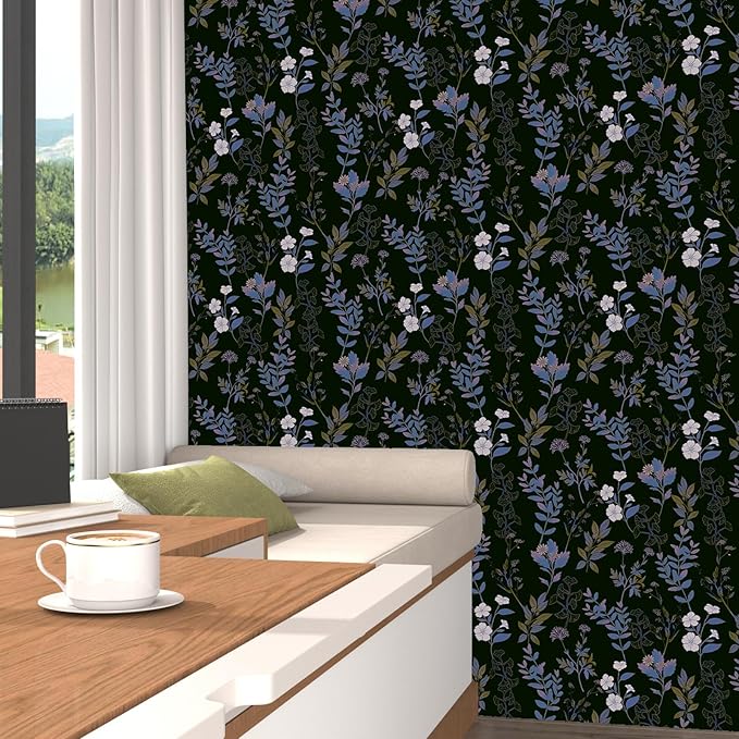 Black Blue Floral Wallpaper Peel and Stick Boho Blue Purple Leaf Contact Paper 17.4" X 118" Vintage Wallpaper Waterproof Self-Adhesive Dark Wall Covering for Bedroom Countertop Desk Cabinets