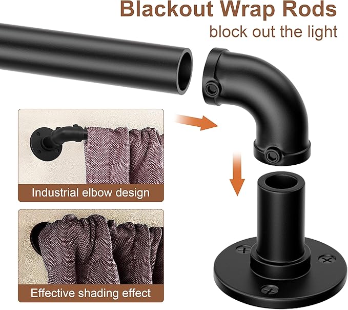 OEMQOBE Curtain Rods for Windows 16 to 144 Inches, Heavy Duty Industrial Curtain Rods 2 pack, Adjustable Wrap Around Blackout Curtains Rod, Black 1 Inch Indoor/Outdoor Curtains Rod