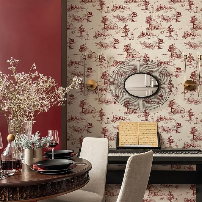 QUCHENG Chinoiserie Style Wallpaper Monochrome Wall Decor Toile de Jouy Landscape Dresser Decal Removabal Self Adhesive Sticker Peel and Stick Furniture Stickers Vintage Cabinet Decoration