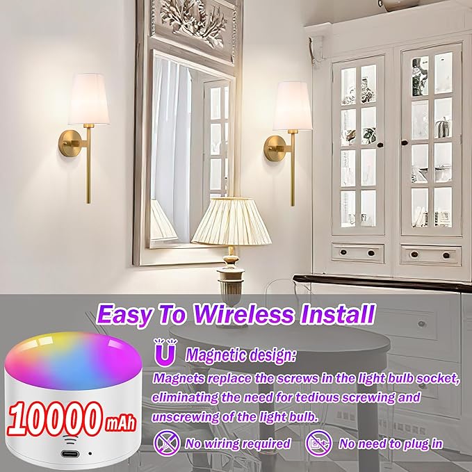 Battery Operated Wall Sconce with Remote,White Fabric Shade Wall Sconce Set Of 2 Battery Powered Sconces Wall Lighting Indoor Wireless Dimmable Wall Lamp with 3 Color Temp Bulb for Bedroom Living Room