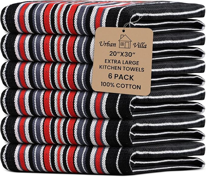 Urban Villa Kitchen Towels Waffle Stripes Dish Towels for Kitchen Black Color Set of 6 Kitchen Towels Highly Absorbent Cotton Over Sized 20X30 in with Mitered Corners Kitchen Hand Tea Towels