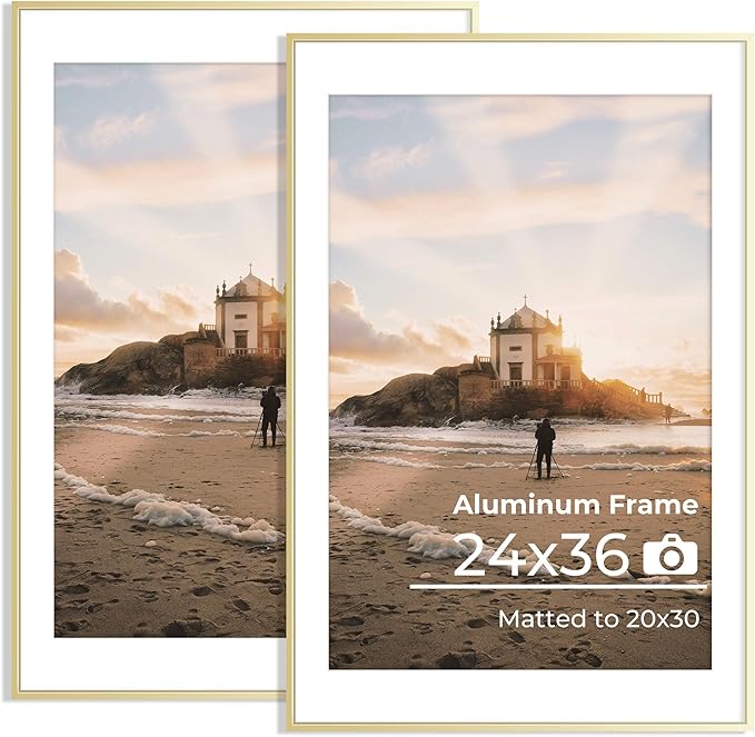 24x36 Metal Picture Frames, Aluminum Poster Frame with Removable Mat for 20x30 Photo, 24x36 Thin Hanging Frames, Sawtooth Picture Hangers Included for Home Wall Decor, Golden, Set of 2