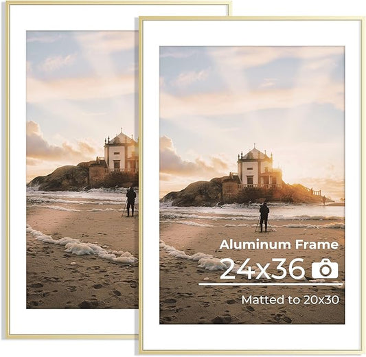 24x36 Metal Picture Frames, Aluminum Poster Frame with Removable Mat for 20x30 Photo, 24x36 Thin Hanging Frames, Sawtooth Picture Hangers Included for Home Wall Decor, Golden, Set of 2