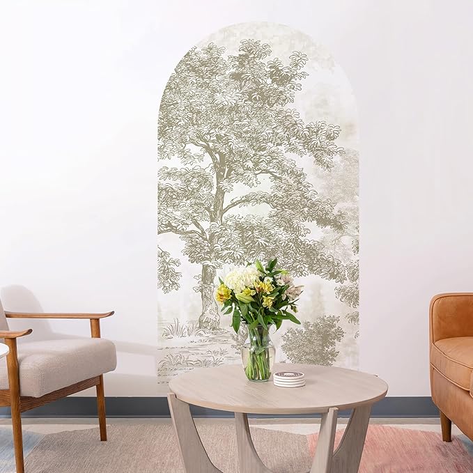 Zeeko Vintage Forest Arch Wall Mural Peel and Stick 31" W x 59" H Beige Tree Wallpaper Self-Adhesive Archway Wall Decals for Bedroom
