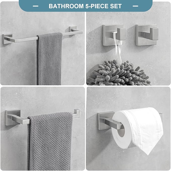 Towel Bar Set 5 Pieces Brushed Nickel Bathroom Hardware Set Includes 23.6 Inch Towel Bar Toilet Paper Holder Towel Ring Towel Hooks SUS304 Stainless Steel Hand Towel Holder for Bathroom Wall Mounted