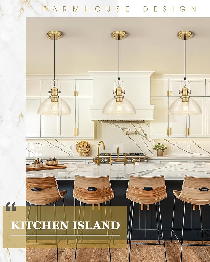 Pendant Lights Kitchen Island, 10.5" Farmhouse Pendant Lighting with Clear Seeded Glass Shade, Vintage Hanging Light Fixtures for Dining Room, Brushed Gold, AD-22151-1PL-GD